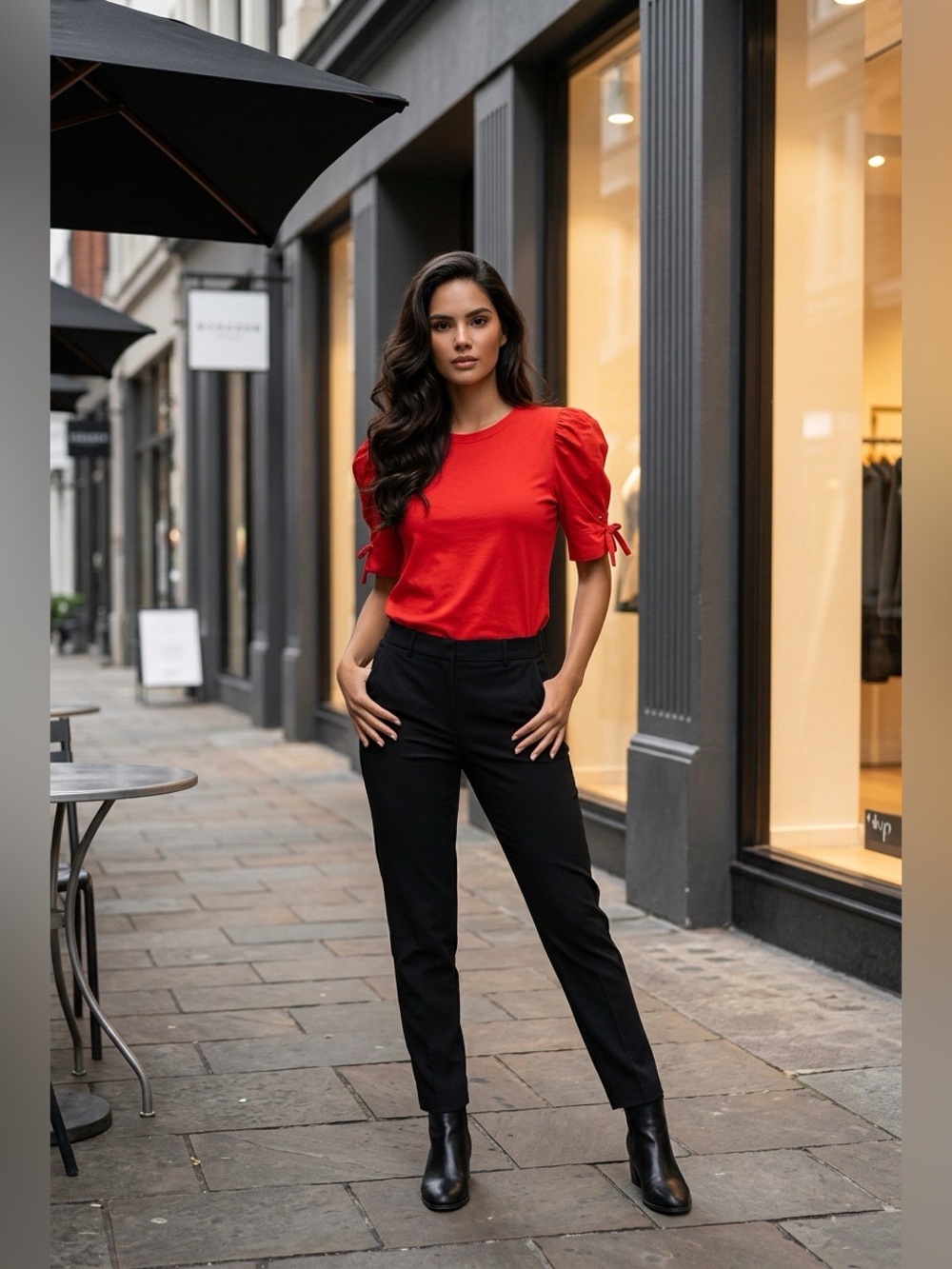 Miss Selfridge Red Puff-Sleeve Tee with Tie Cuffs